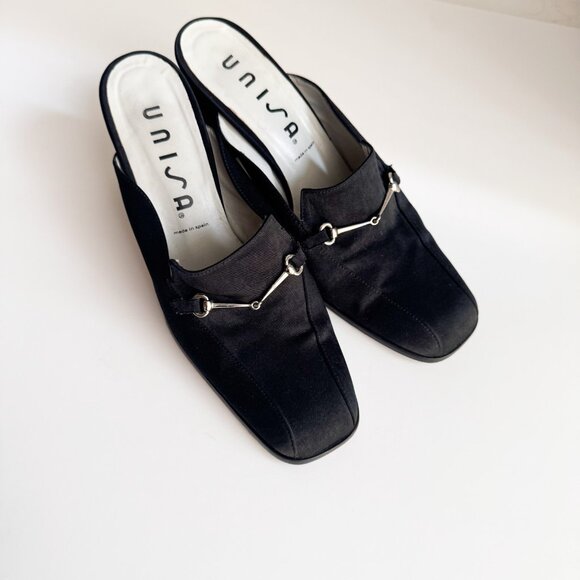 Vintage Unisa Black Satin Horsebit Detail Block Heel Slides 7.5B - Picture 2 of 10